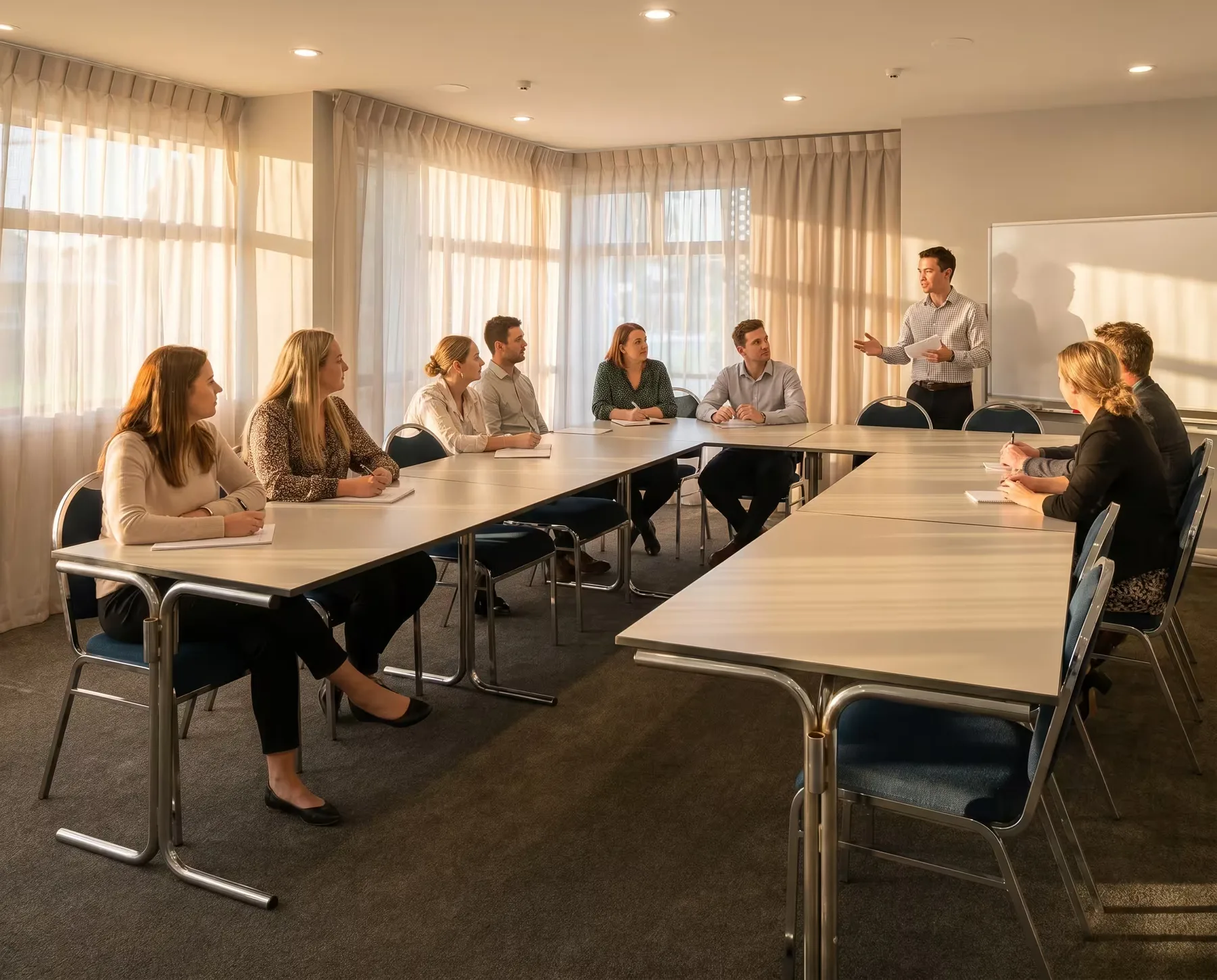 Representative hotel space: A meeting room with people seated around tables as a presenter speaks.