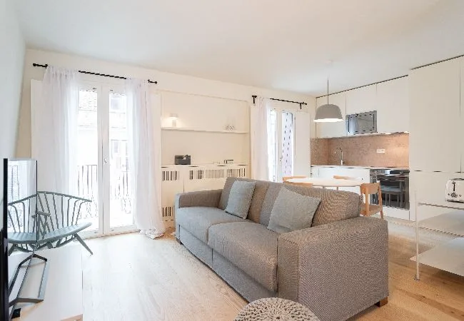A bright living room with a gray sofa and an open kitchen.