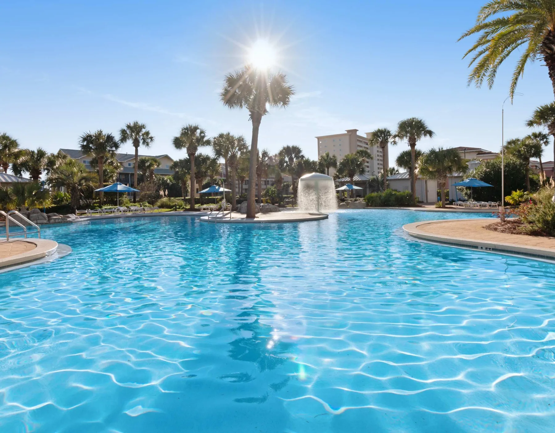 Zona común: Una piscina al aire libre con palmeras y zonas de sombra alrededor del agua.