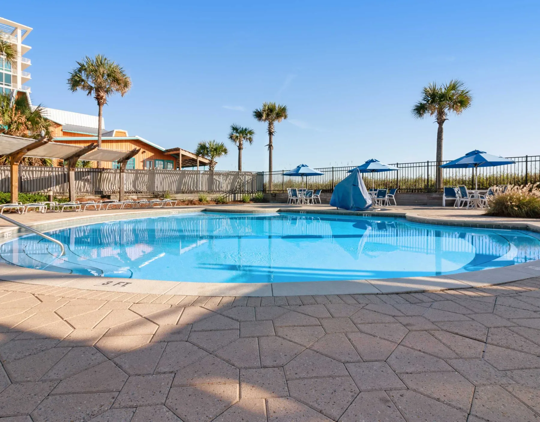 Zona común: Una piscina al aire libre con sombrillas azules y palmeras.