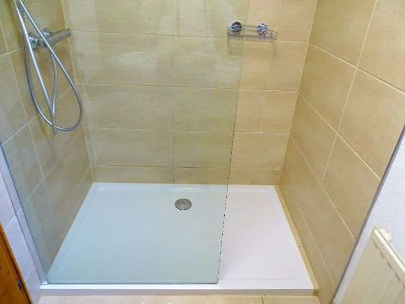 Una zona de ducha alicatada con ducha de mano y plato blanco.