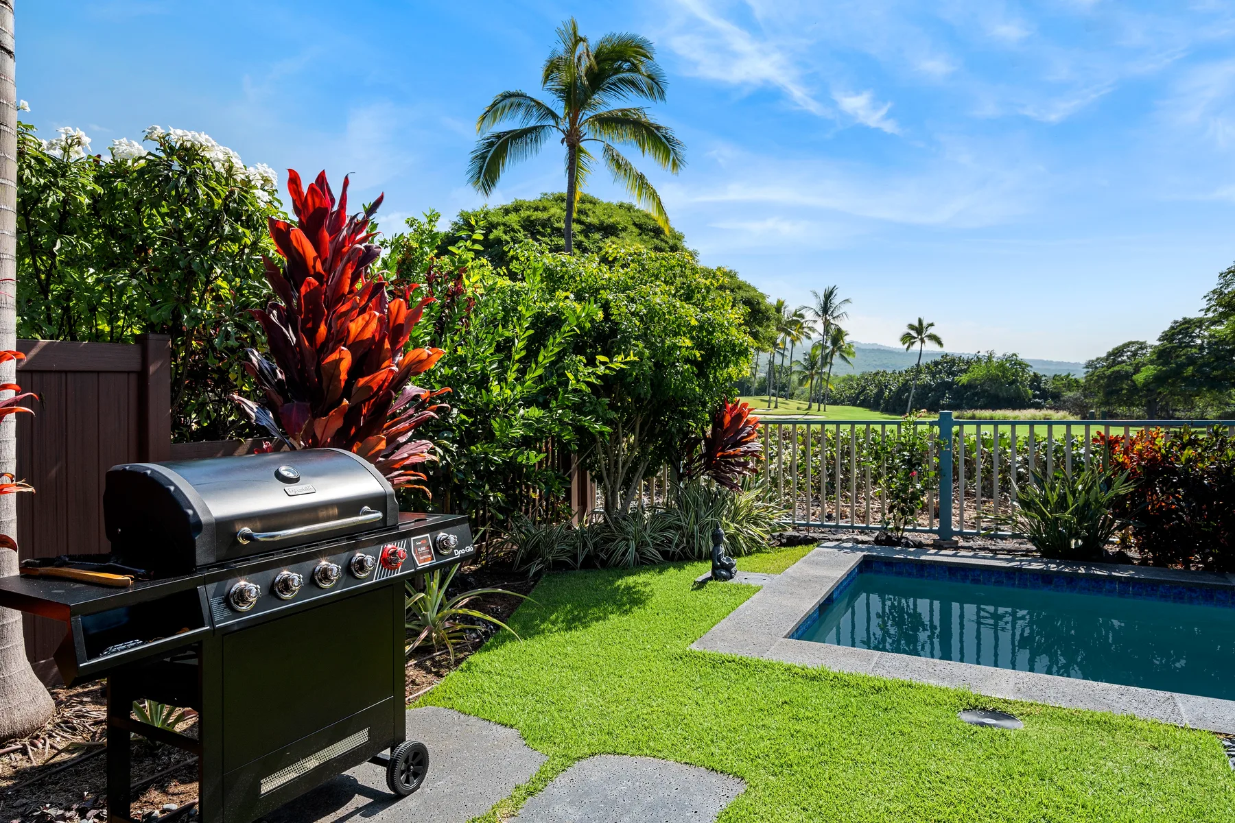 Un patio junto a una piscina, con una parrilla y vegetación tropical.