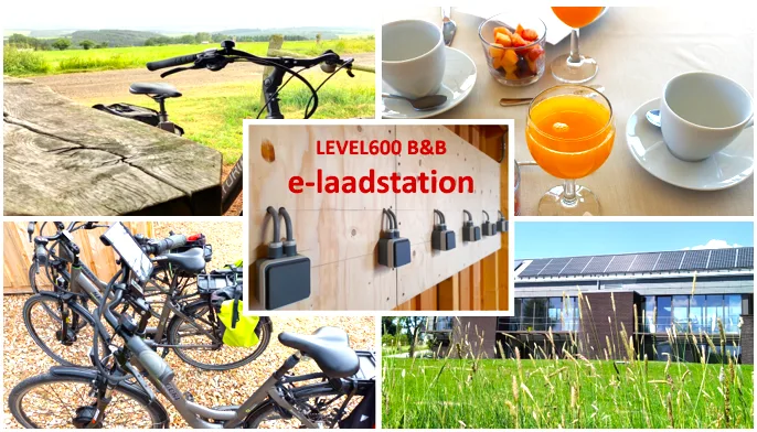 Espacio representativo del hotel: Un collage muestra bicicletas, bebidas de desayuno, estaciones de carga y un edificio con paneles solares.