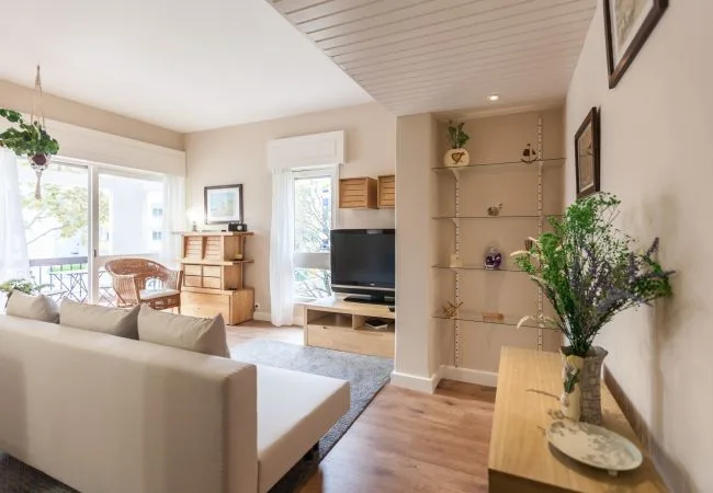 A bright living room with seating, a television, and large windows.