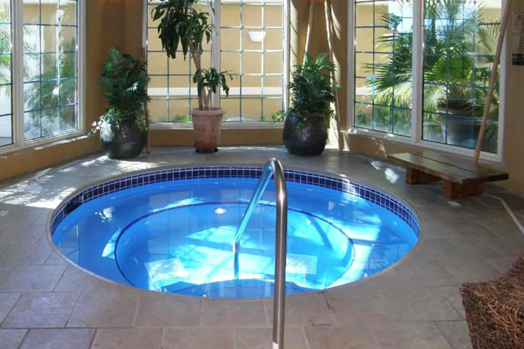 Zona común: Una piscina interior está junto a grandes ventanas y plantas en macetas.