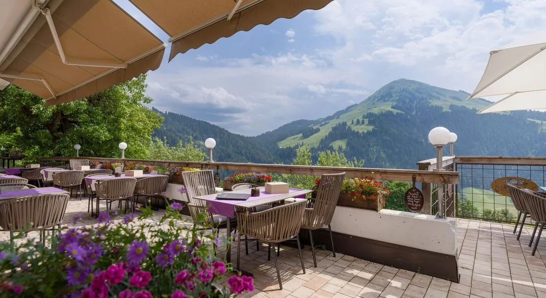 Espacio representativo del hotel: Una terraza de comedor al aire libre tiene vistas a flores y montañas.
