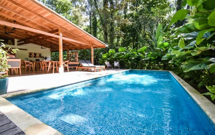 Espacio representativo del hotel: Una piscina al aire libre junto a un comedor cubierto y abundante vegetación.