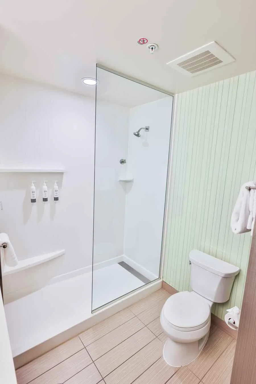 Espacio representativo del hotel: Un baño con ducha de vidrio, inodoro y paneles de pared verde claro.