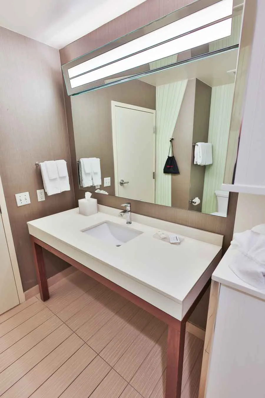 Espacio representativo del hotel: Un tocador de baño con lavabo está bajo un espejo grande.