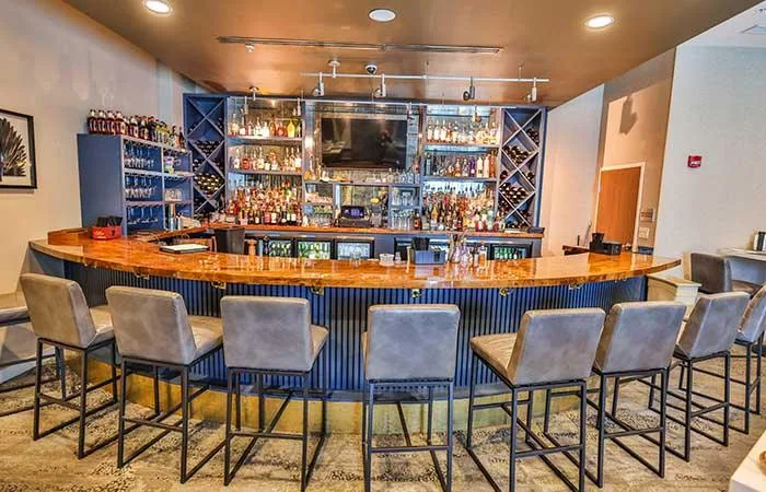 Espacio representativo del hotel: Barra curva con taburetes frente a estantes surtidos.