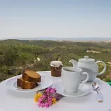 Espacio representativo del hotel: Una mesa con té, tazas y un plato pequeño da a un paisaje verde.
