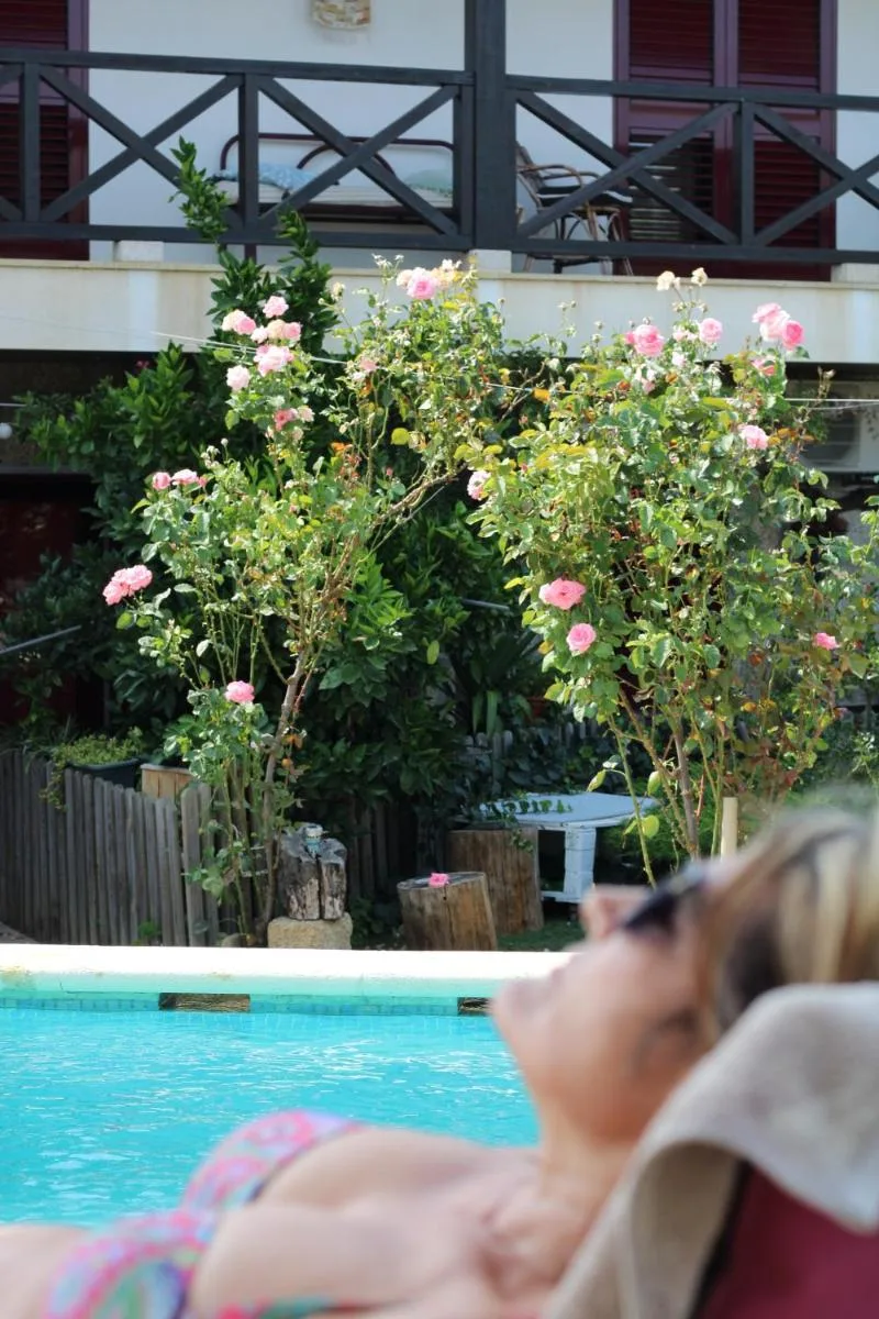 Espacio representativo del hotel: Una piscina está frente a arbustos floridos y un edificio.