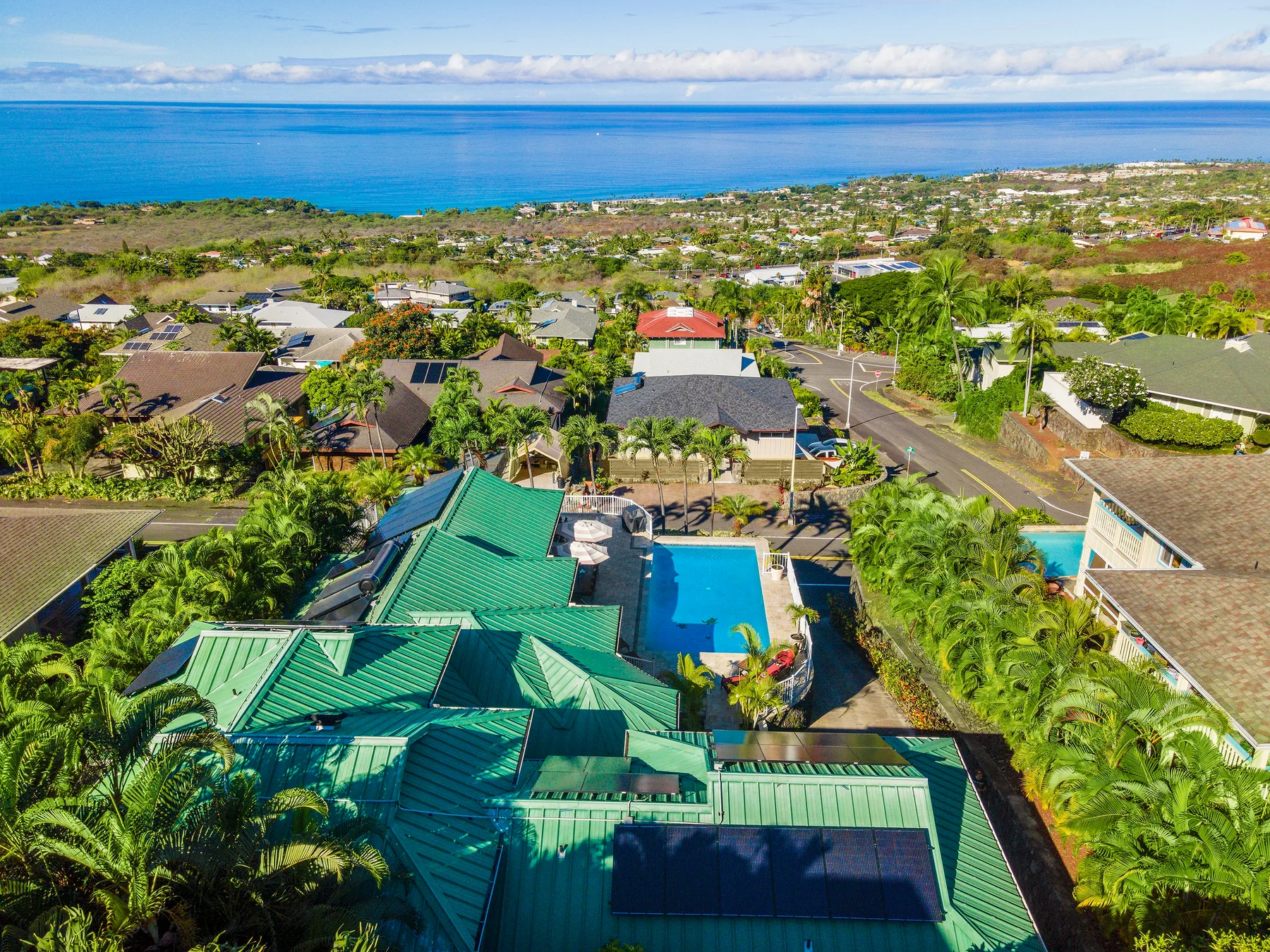 An aerial view of a coastal neighborhood, with homes, greenery, and the ocean.