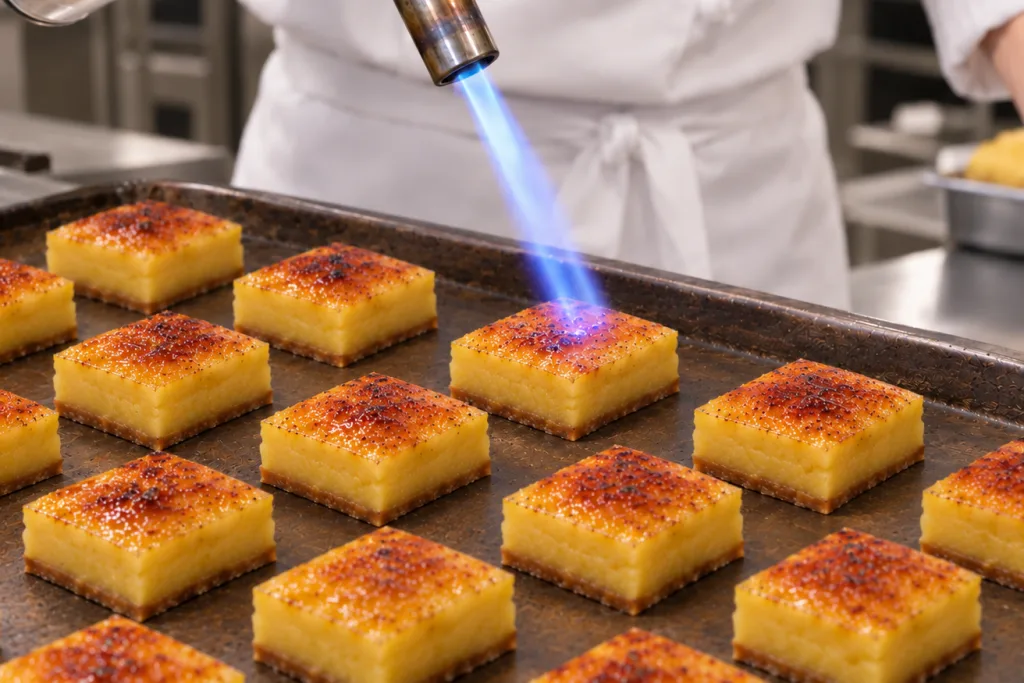 Espacio representativo del hotel: Un cocinero usa un soplete para caramelizar postres cuadrados sobre una plancha.