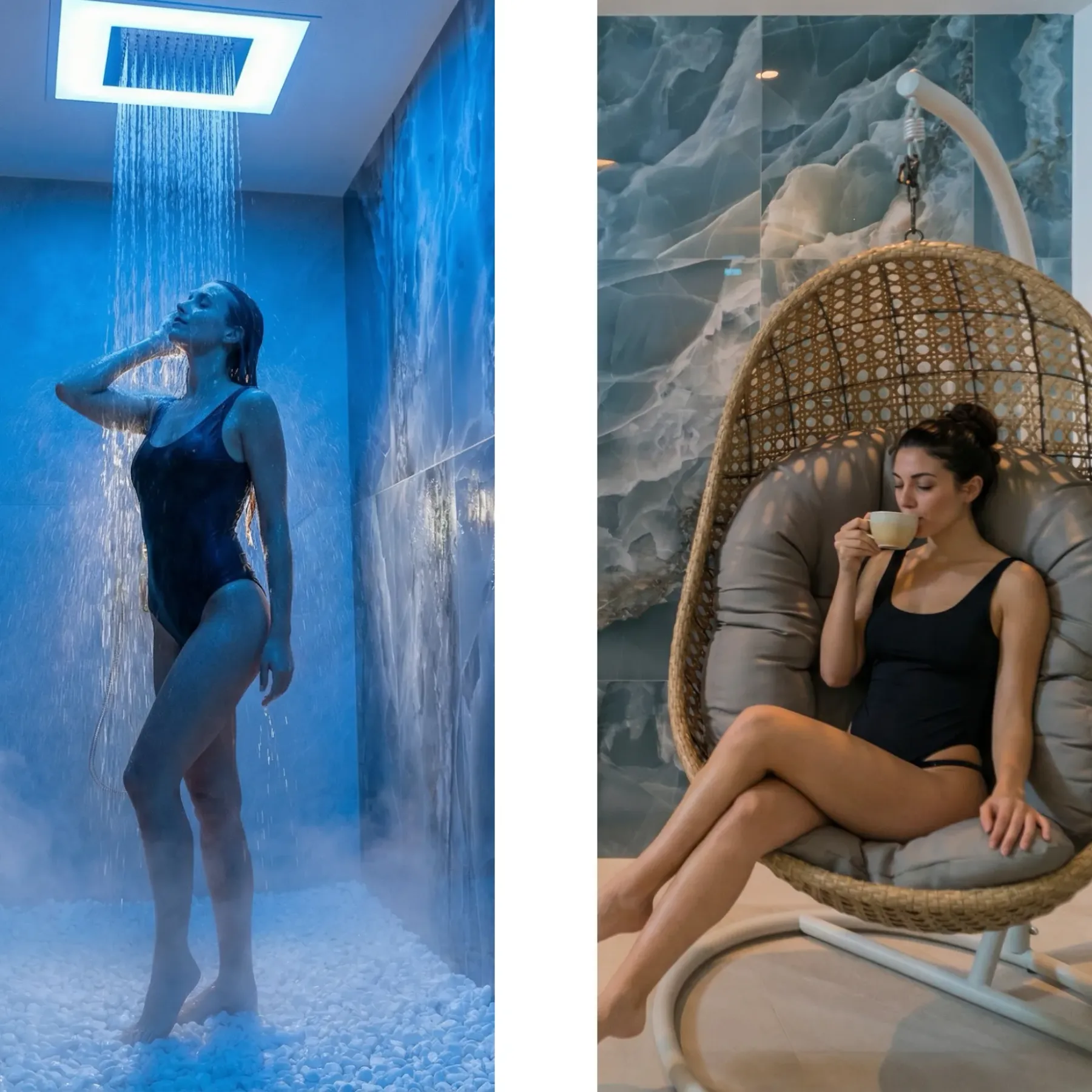 Espacio representativo del hotel: Una ducha de spa rocía agua mientras una persona permanece bajo el rociador.