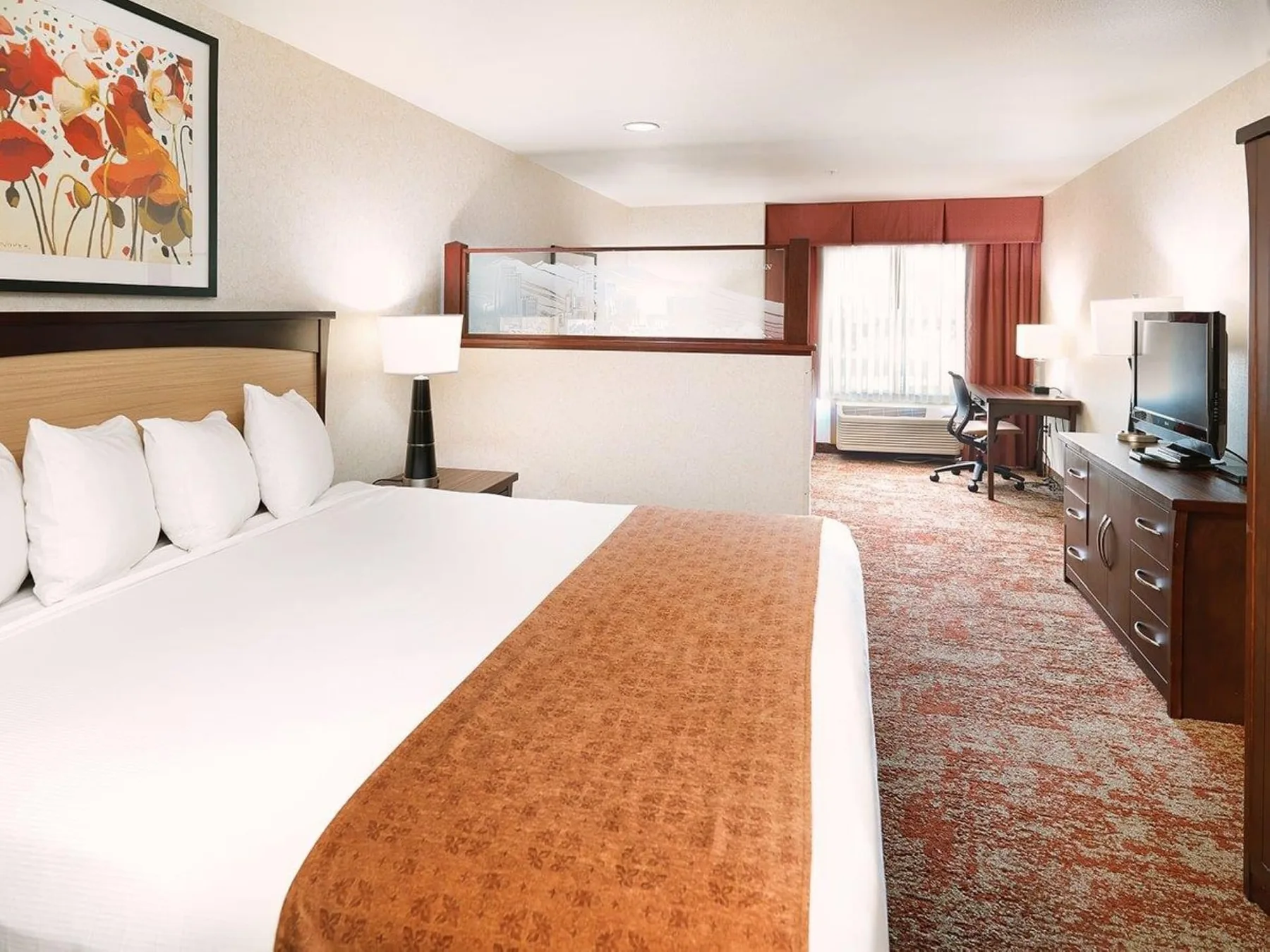 Espacio representativo del hotel: Una habitación de hotel con cama, escritorio y televisor.