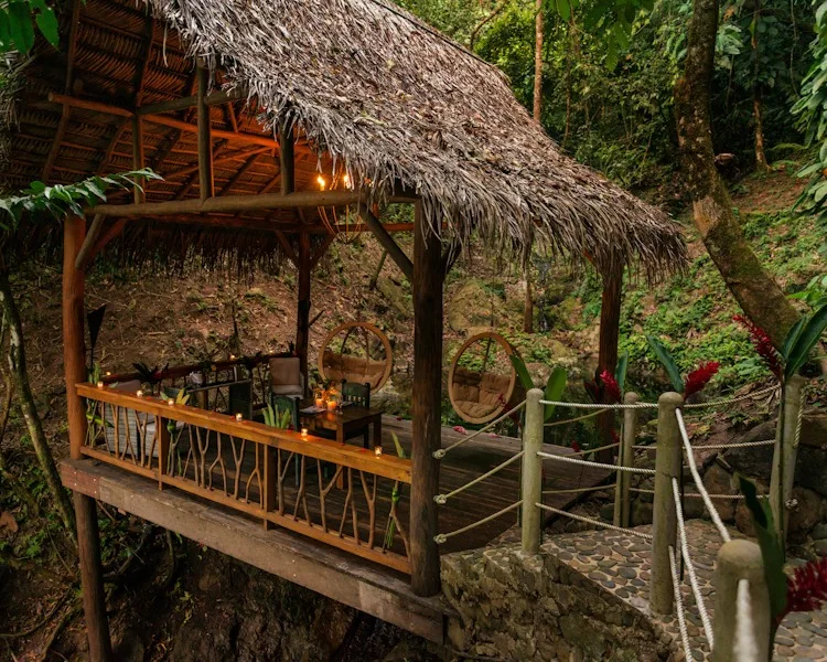 A thatched open-sided pavilion overlooks a wooded garden and stone path.