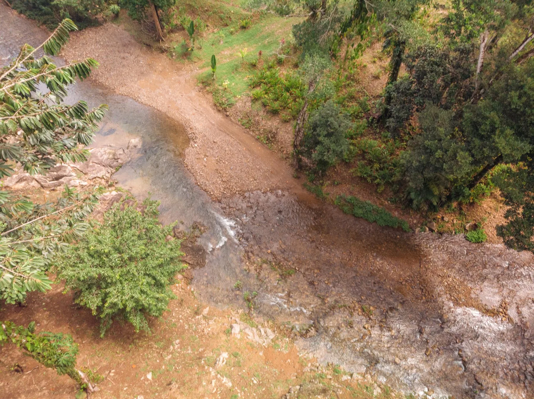 A shallow stream winds through a wooded, rocky landscape.