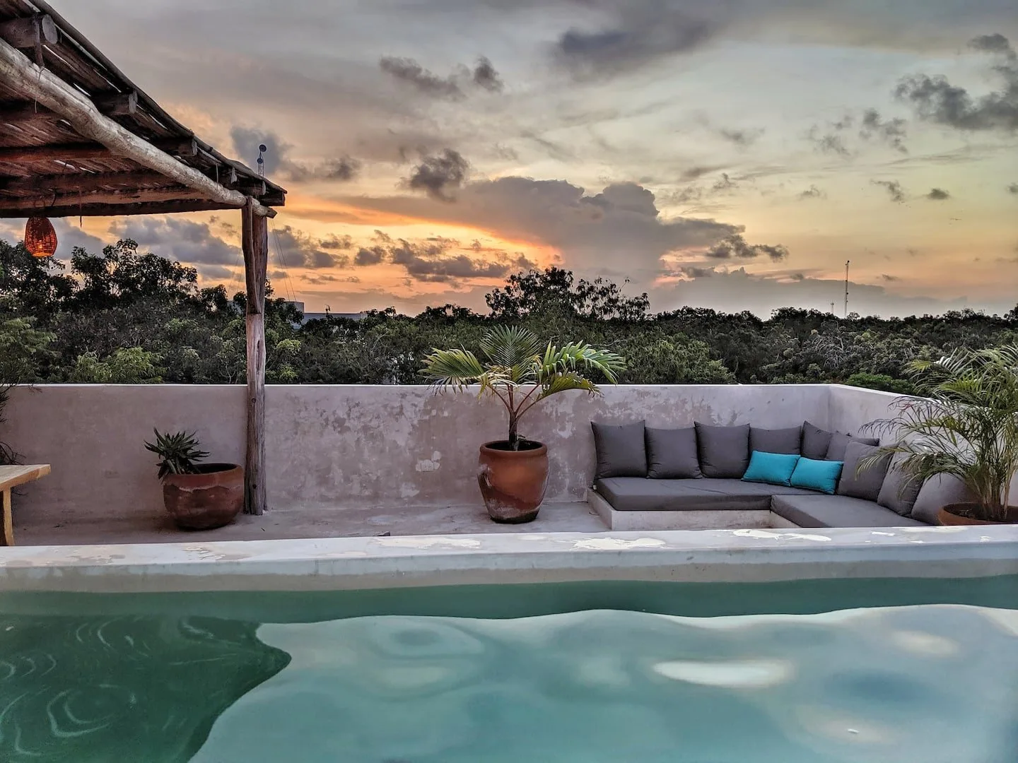 Una terraza con piscina y asientos acolchados ofrece vistas a los árboles al atardecer.