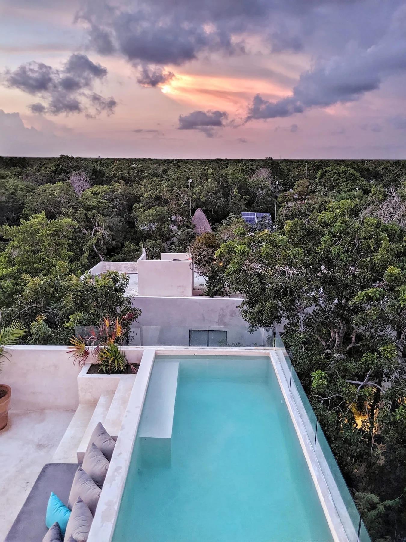 Una piscina en la azotea da a una densa vegetación bajo un cielo nublado al atardecer.