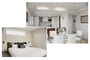 Representative hotel space: A bright hotel room with a bed and a dining area.