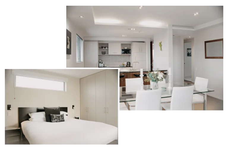 Representative hotel space: A bright dining area beside a kitchen, with a bedroom inset.