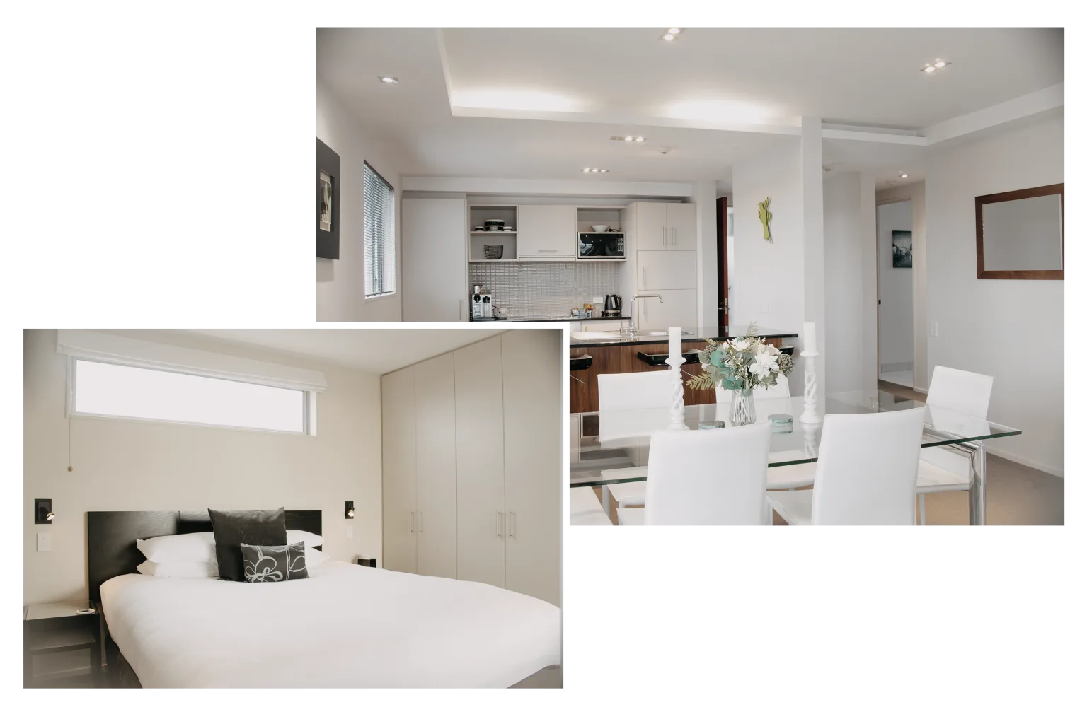 Representative hotel space: A bright bedroom with a bed and a compact kitchen and dining area.
