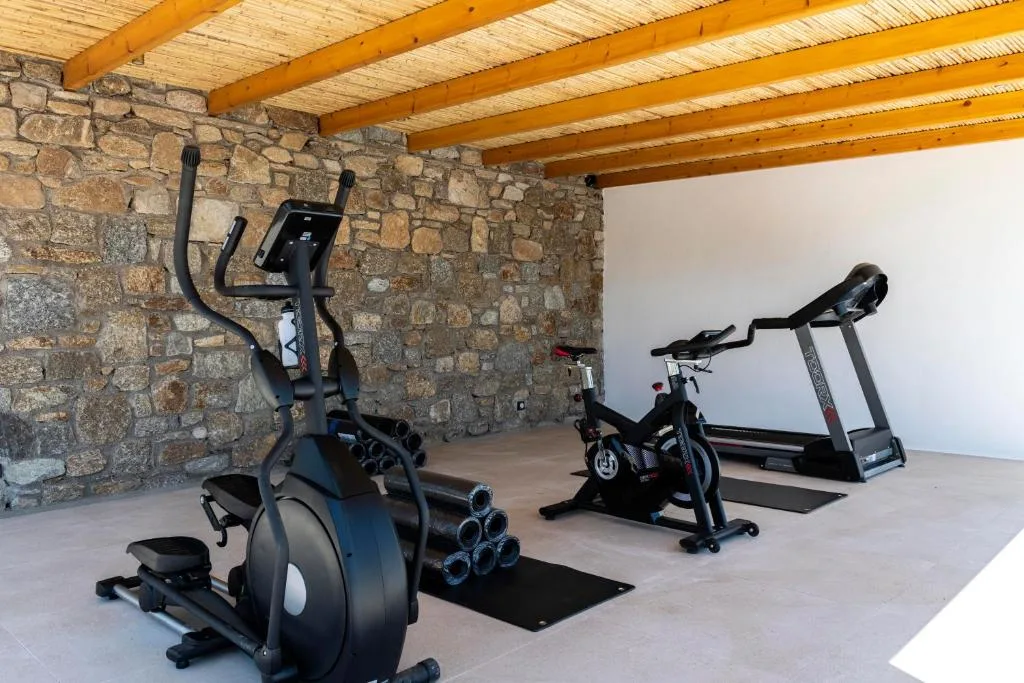 Un gimnasio con máquinas de ejercicio está junto a una pared de piedra bajo vigas de madera a la vista.