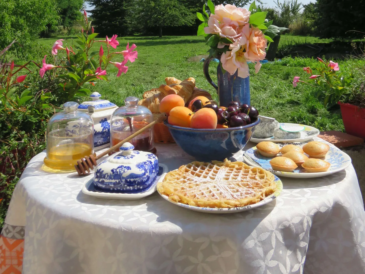 Representative hotel space: An outdoor table displays fruit, pastries, preserves, and a vase of flowers.