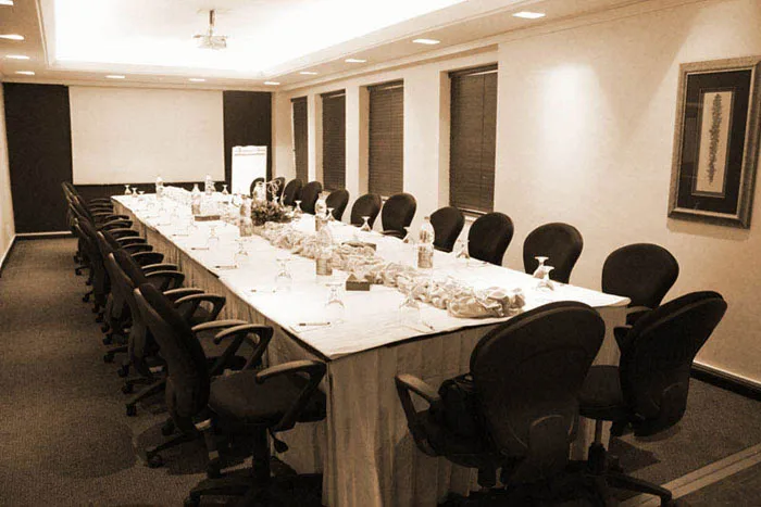 Espacio representativo del hotel: Una sala de reuniones con una mesa larga preparada para una reunión.
