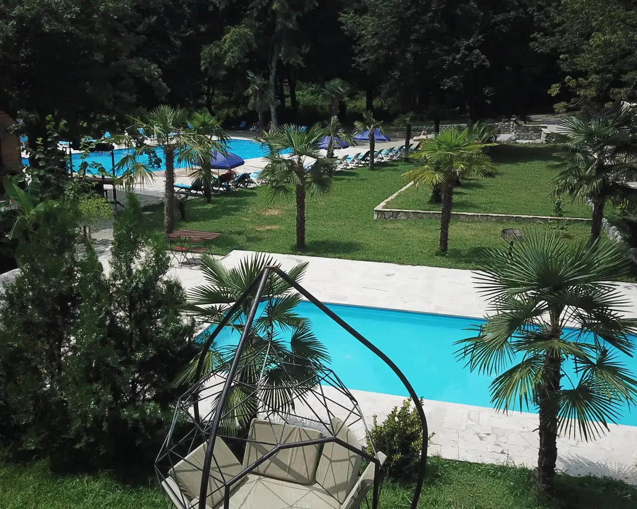 Espacio representativo del hotel: Las piscinas al aire libre están rodeadas de vegetación y palmeras.