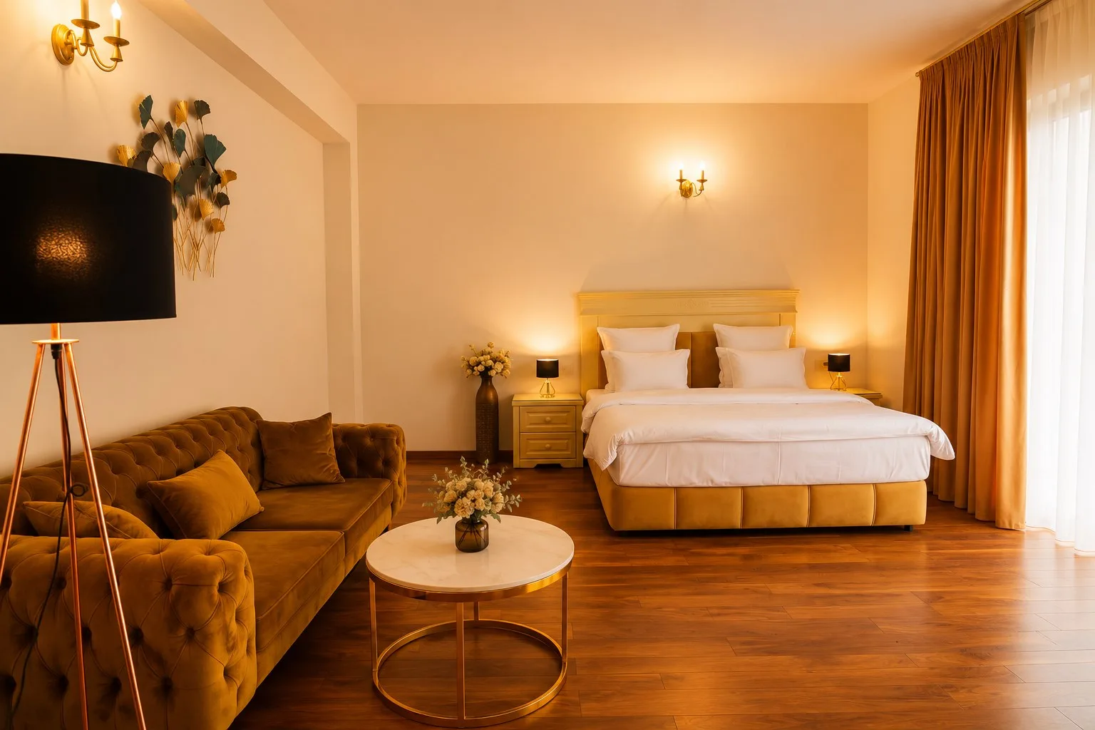 Espacio representativo del hotel: Un dormitorio de hotel cálido con cama, zona de estar y cortinas largas.