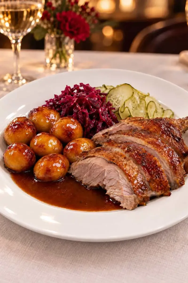 Representative hotel space: A plated roast dinner with roasted potatoes and sliced pickles.