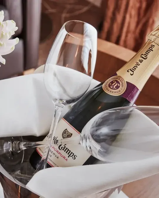 Representative hotel space: A bottle of sparkling wine rests in an ice bucket beside wine glasses.