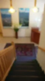 Representative hotel space: A staircase leads toward a bright room with windows and a potted plant.