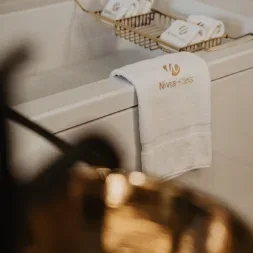 Representative hotel space: A bathroom counter with folded towels and toiletries.