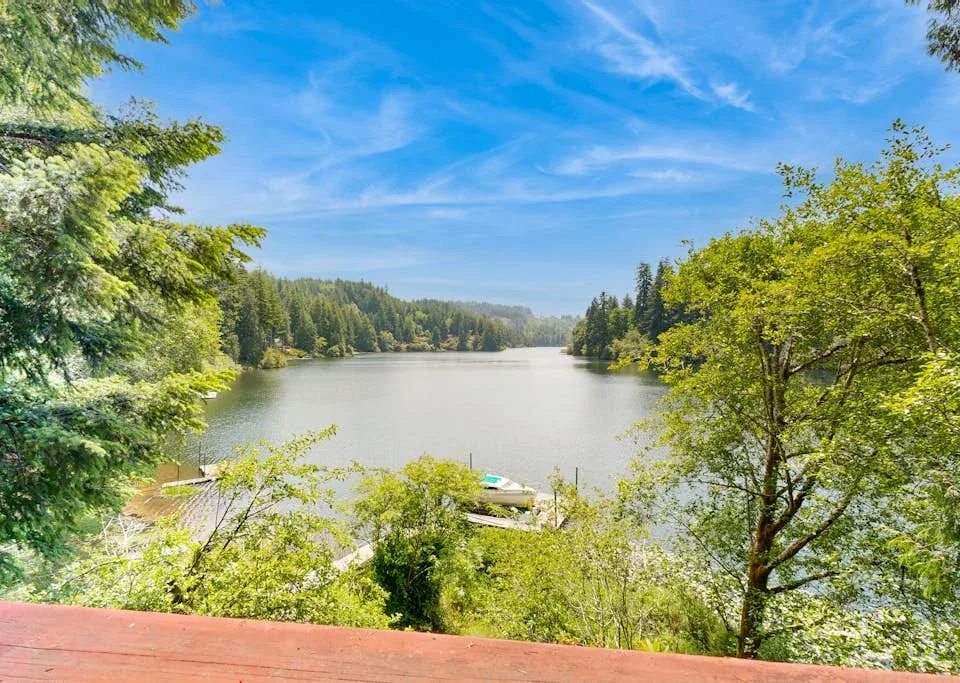 Un lago rodeado de árboles verdes se ve desde una terraza de madera.