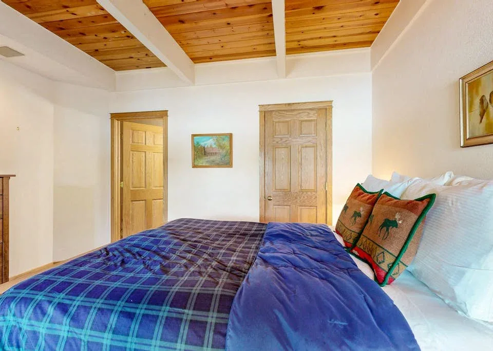 Un dormitorio con una cama cubierta con ropa de cama azul y a cuadros bajo un techo de madera.