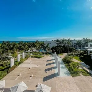 Representative hotel space: A landscaped outdoor terrace overlooks palm trees and a strip of ocean.
