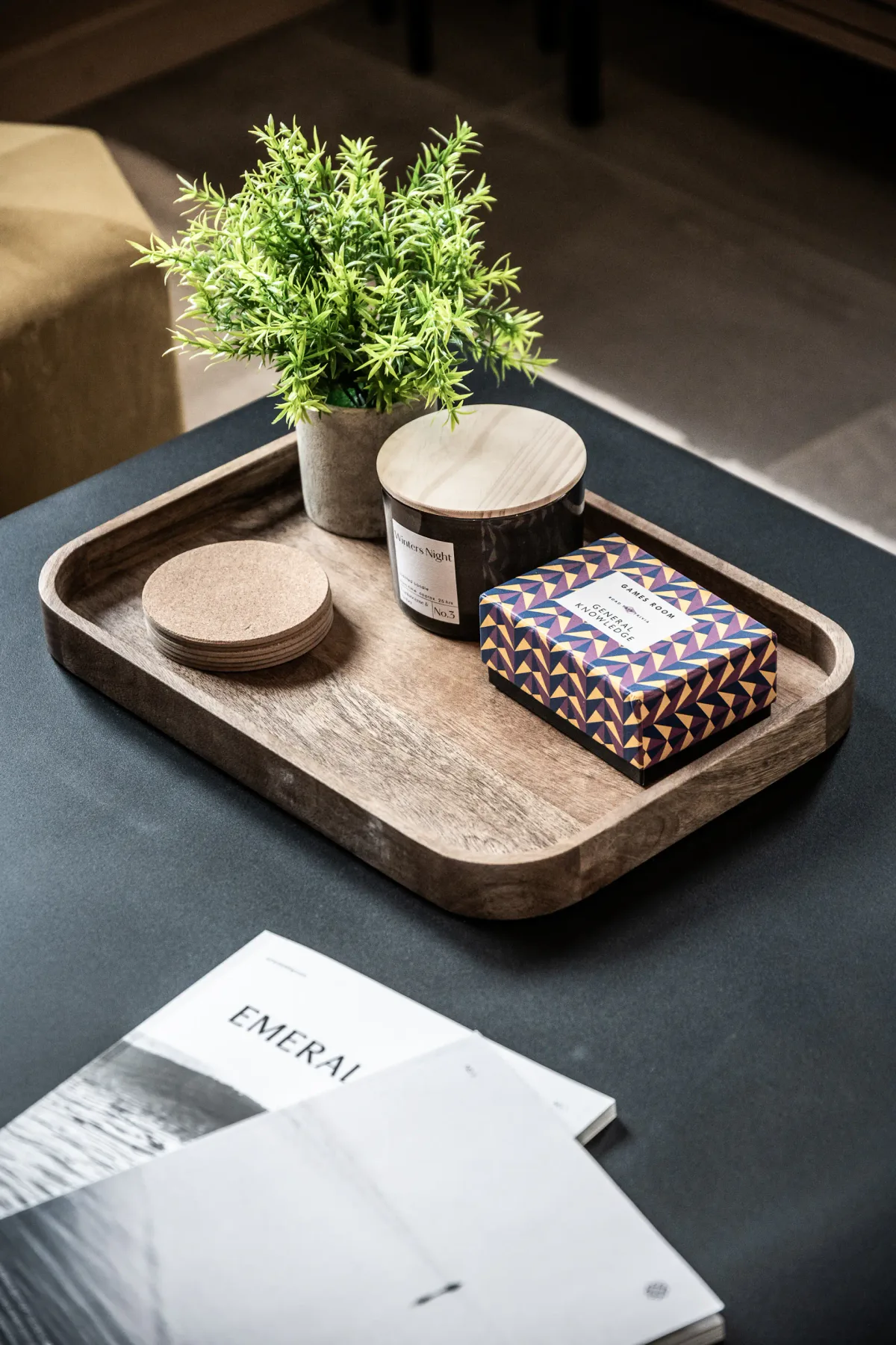 Una bandeja de madera presenta una planta en maceta, una vela y pequeños productos empaquetados sobre una mesa.