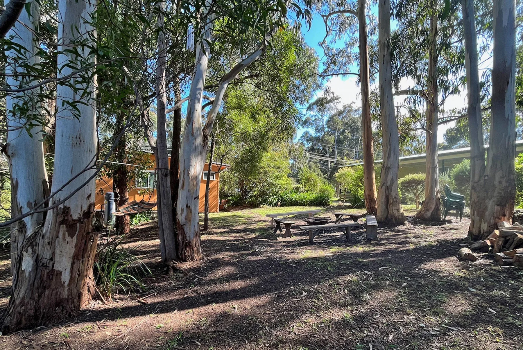 Una zona exterior de descanso a la sombra, con mesas de picnic bajo árboles altos.