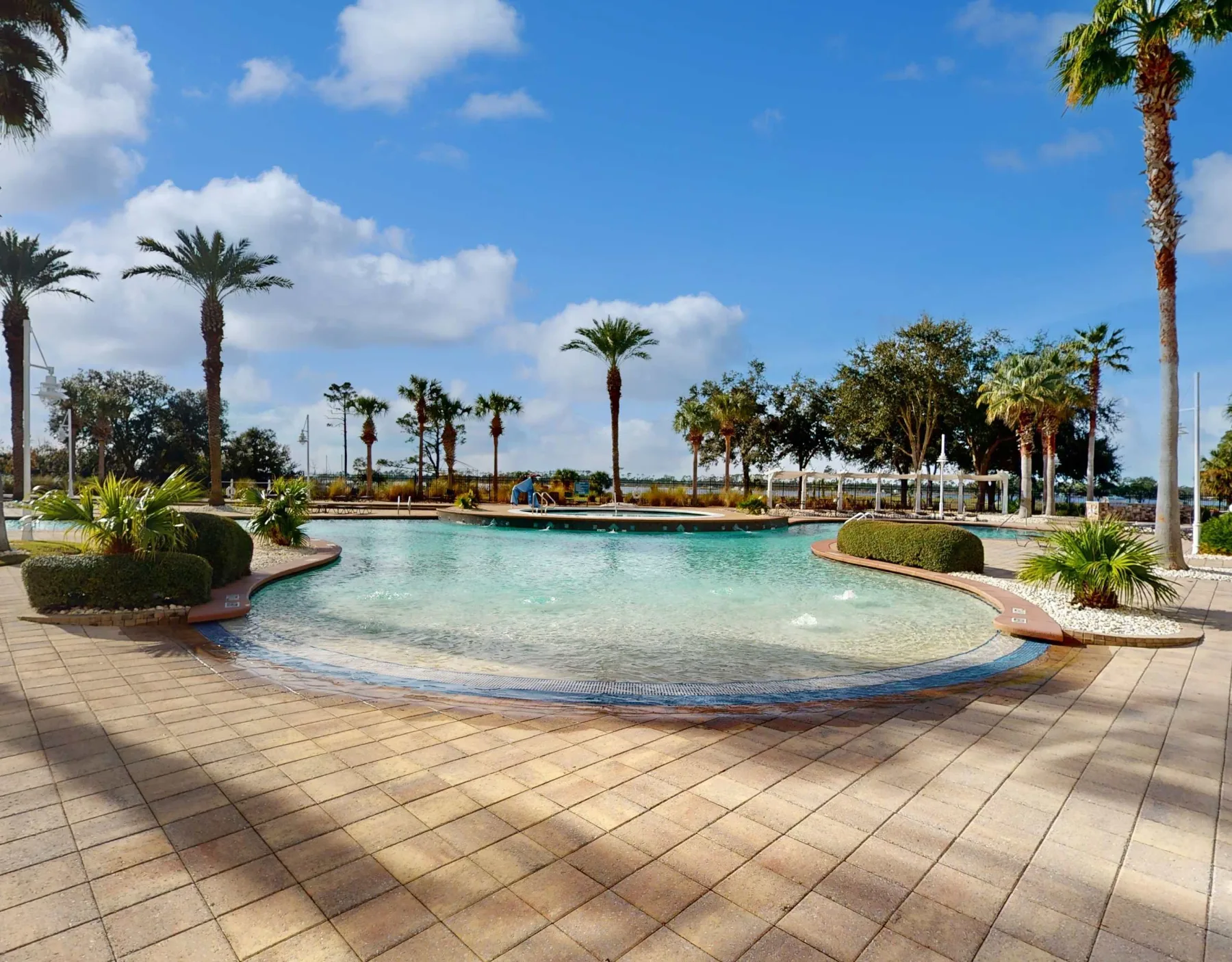Shared amenity: A landscaped outdoor pool sits among palm trees and paved walkways.