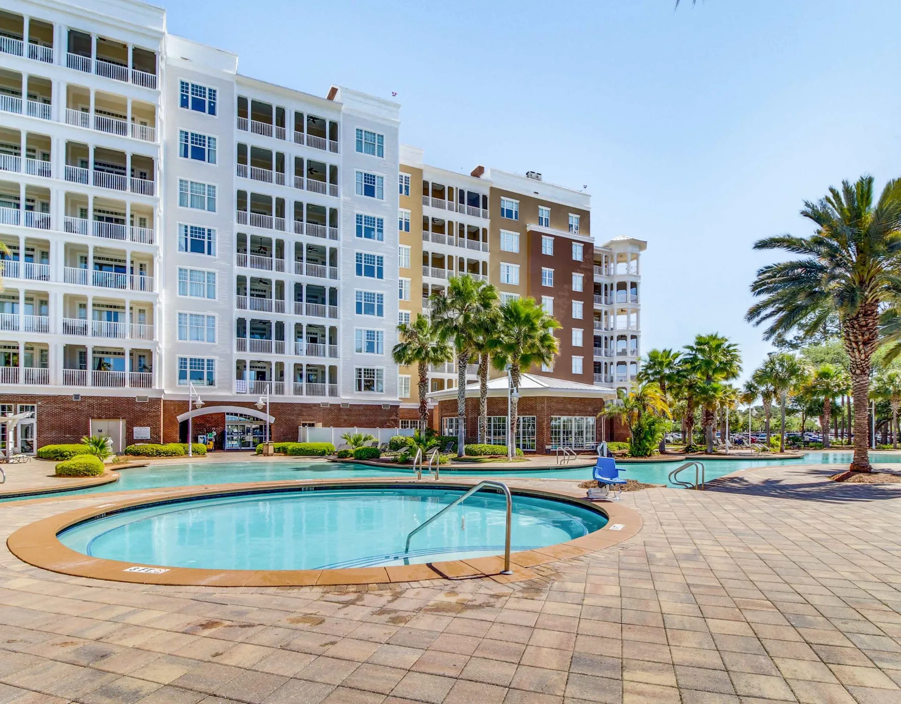 Shared amenity: An outdoor swimming pool sits beside a paved deck and palm trees.