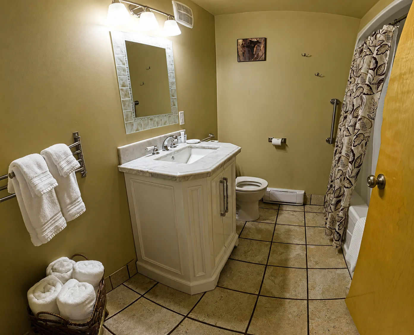Representative hotel space: A bathroom with a sink vanity, toilet, and patterned shower curtain.