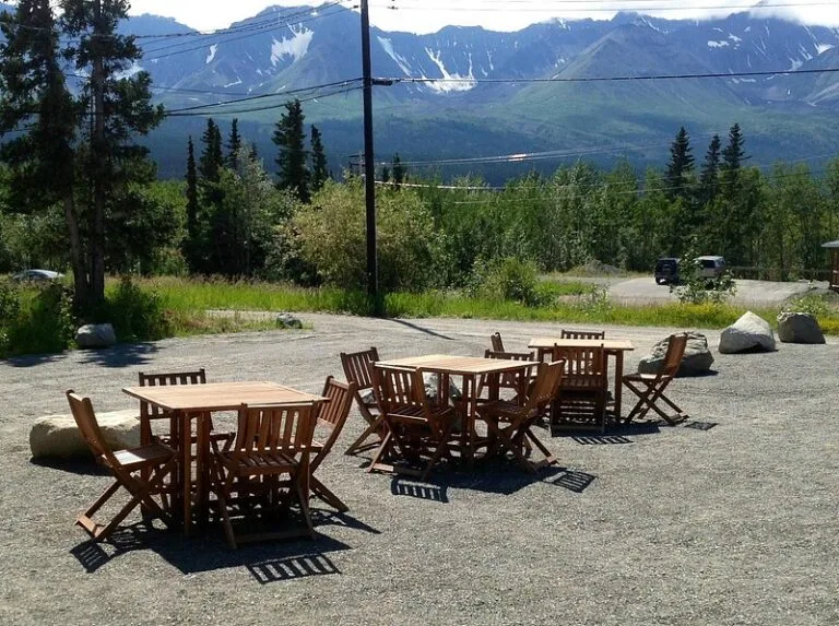 Representative hotel space: Outdoor seating and tables overlook a tree-lined mountain landscape.