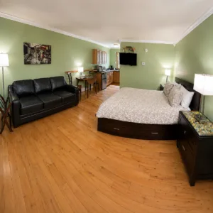Representative hotel space: A bedroom with a bed, black seating, and a small kitchenette.