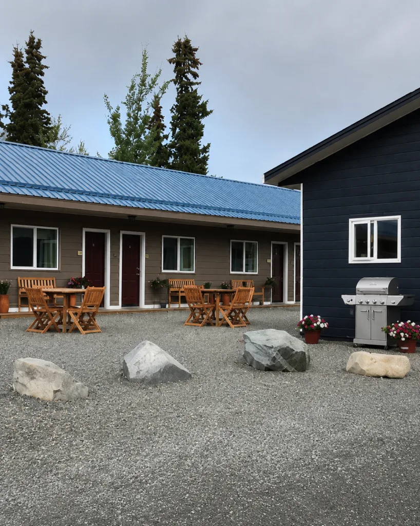 Representative hotel space: A motel courtyard with outdoor seating, gravel ground, and a barbecue grill.
