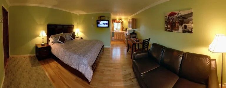 Representative hotel space: A bedroom and sitting area with a bed, television, and dark seating.