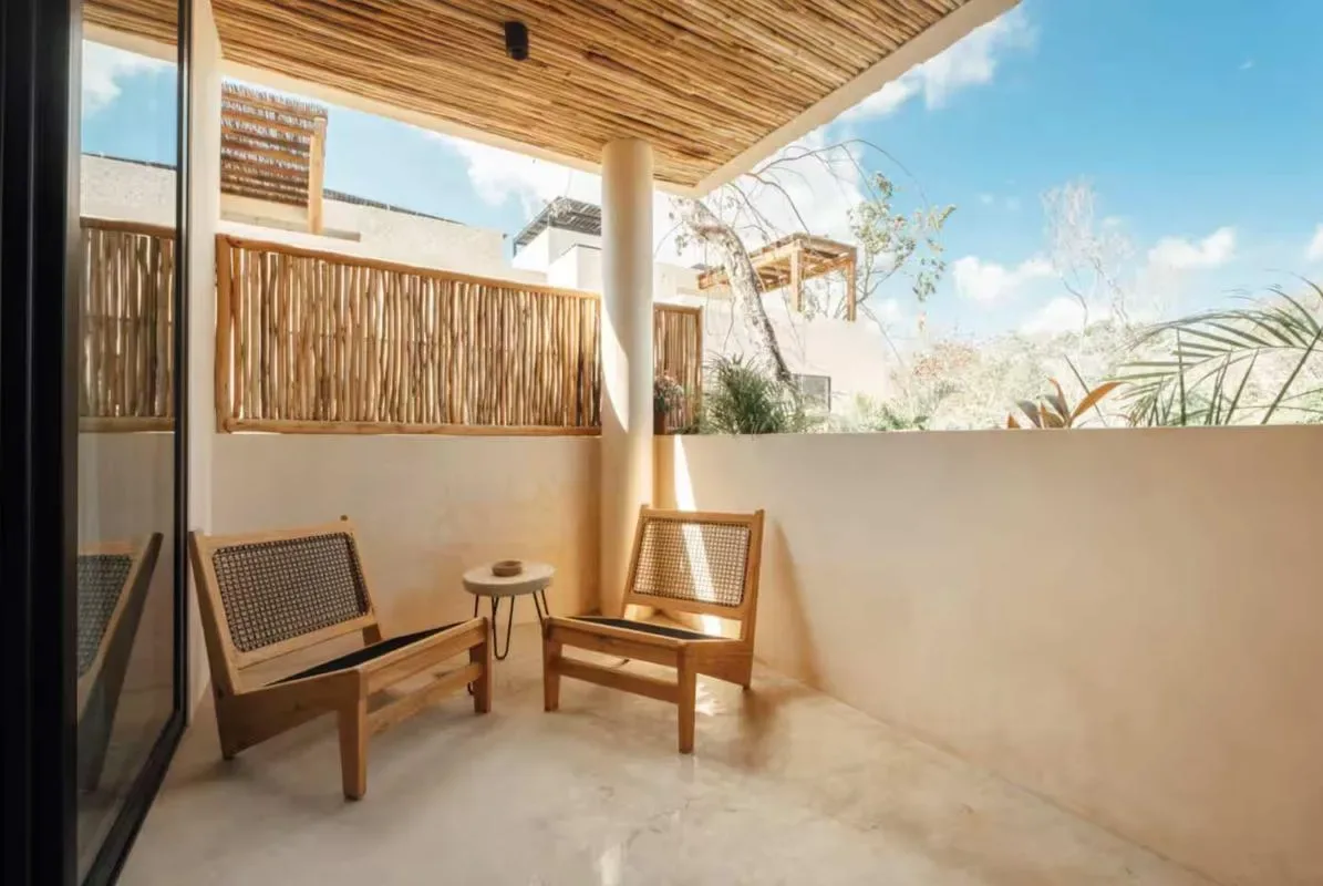 A sunlit patio has two wooden chairs with woven seats beneath a slatted wood ceiling.
