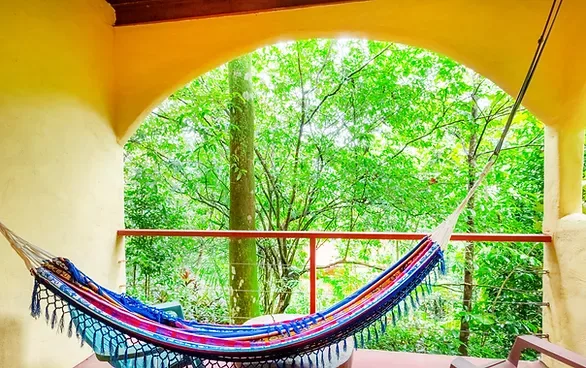 Representative hotel space: A covered patio overlooks leafy trees, with a colorful hammock in the foreground.